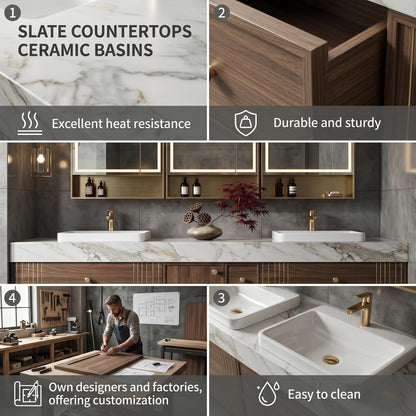 60''-96'' Double Bathroom Vanity with Sink Modern Floating Dark Walnut Grain Storage