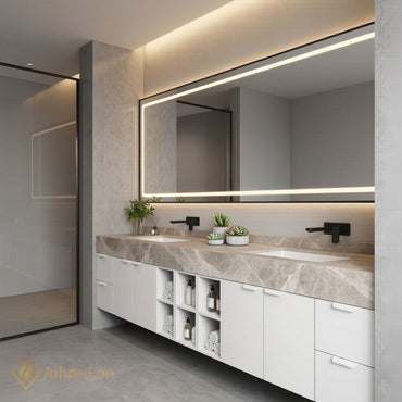 76''-96'' Double Bathroom Vanity with Sink Floating Drawers Stone Vein Marble Top