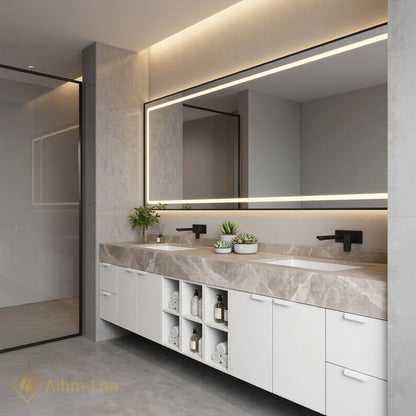 76''-96'' Double Bathroom Vanity with Sink Floating Drawers Stone Vein Marble Top