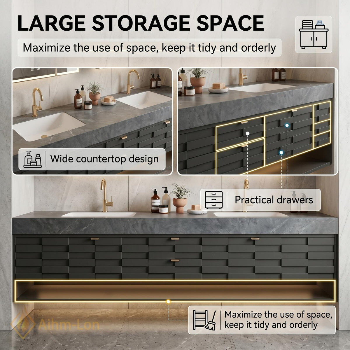 60''-96'' Double Bathroom Vanity with Sink Modern Floating Charcoal Finish Slatted Drawers