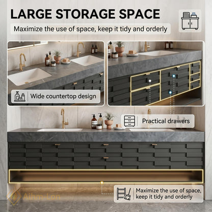 60''-96'' Double Bathroom Vanity with Sink Modern Floating Charcoal Finish Slatted Drawers