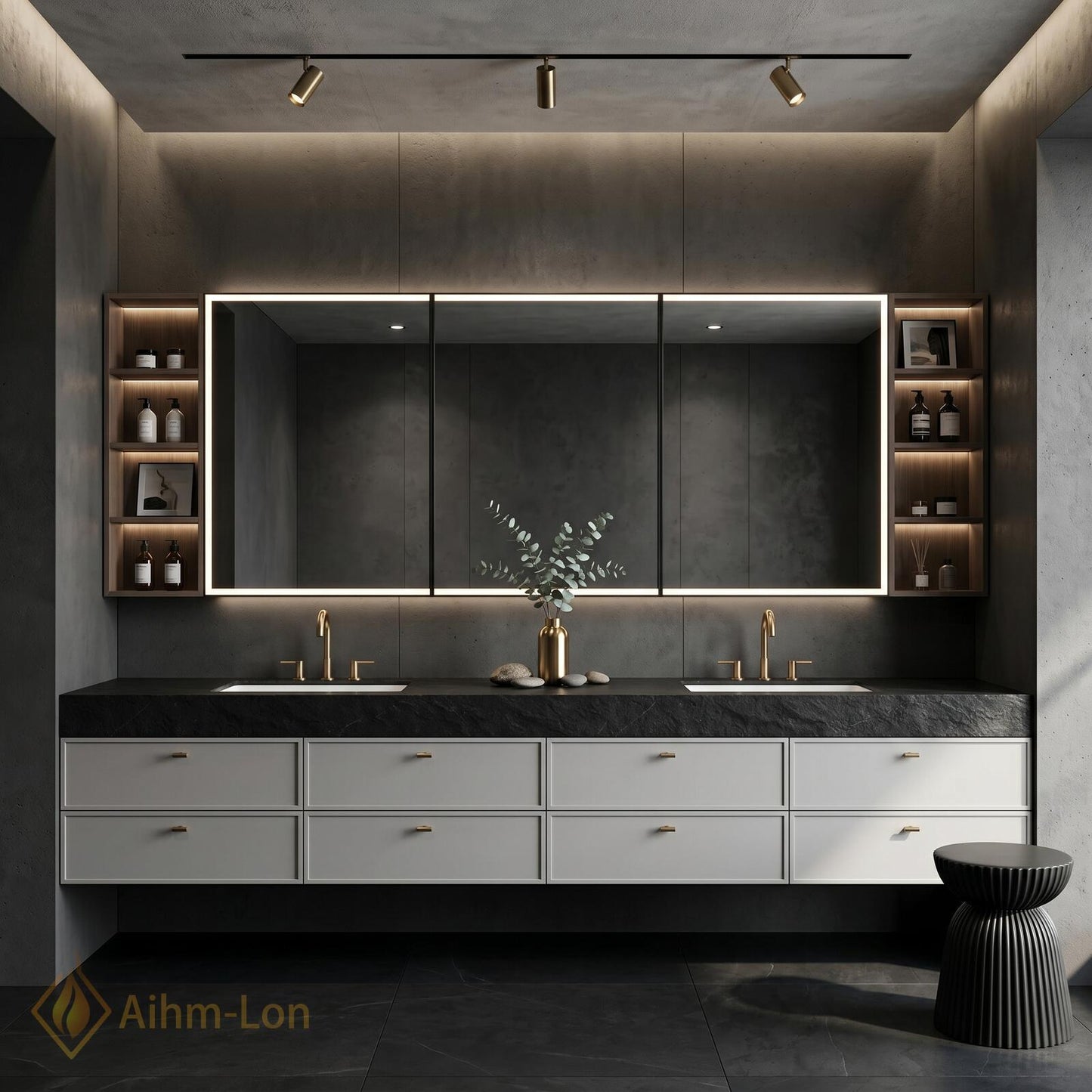 60''-96'' Double Bathroom Vanity with Sink Dark White Modern Floating Stone-Top