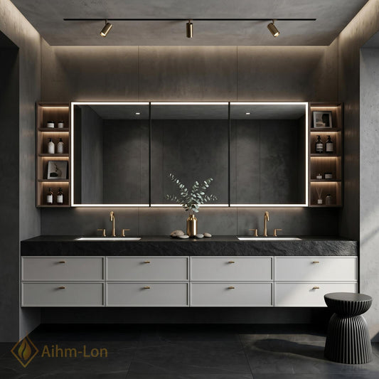 60''-96'' Double Bathroom Vanity with Sink Dark White Modern Floating Stone-Top