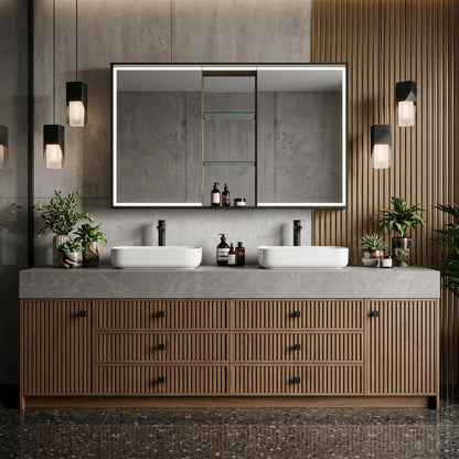 70''-96'' Elegant Bathroom Vanity with Sink Double Sink Slatted Wood Mirror Cabinet