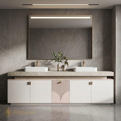 70''-96'' Double Bathroom Vanity with Sink Soft Pink Finish Slatted Center Panel