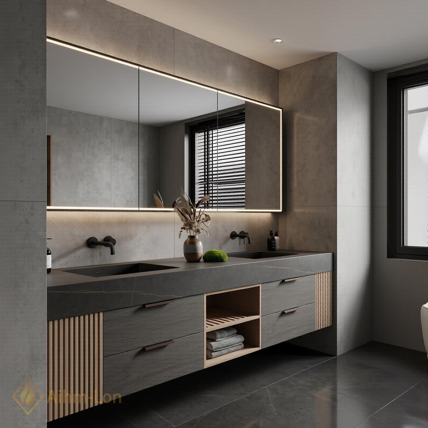 60''-96'' Bathroom Vanity with Sink Modern Floating Dark Stone Finish Slatted Side