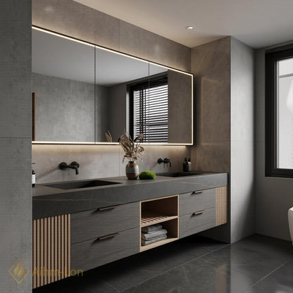 60''-96'' Bathroom Vanity with Sink Modern Floating Dark Stone Finish Slatted Side