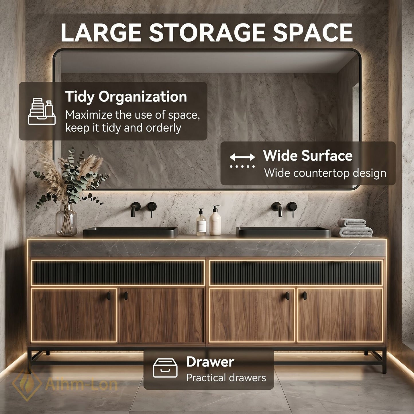70''-96'' Double Bathroom Vanity with Sink Grey-Marble Grey Modern Wood-Grain Top Drawers