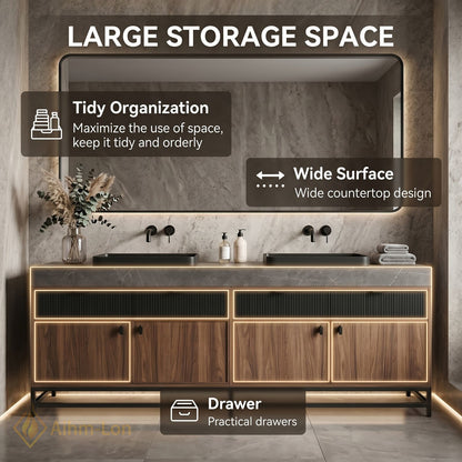 70''-96'' Double Bathroom Vanity with Sink Grey-Marble Grey Modern Wood-Grain Top Drawers