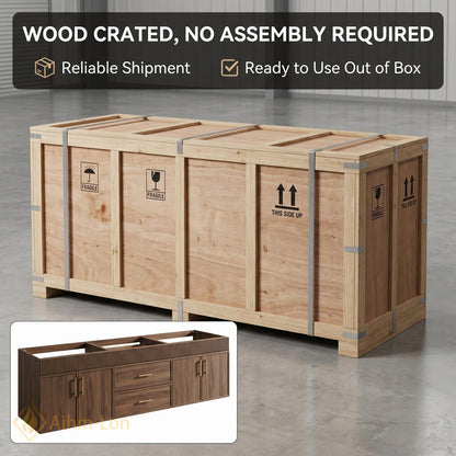 60''-96'' Double Bathroom Vanity with Sink Fluted Front Paneling Warm Wood Spacious Finish