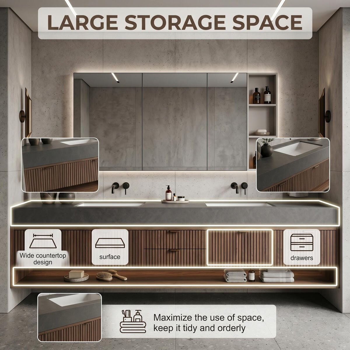 60''-96'' Double Bathroom Vanity with Sink Modern Floating Ribbed Wood Front Grey Top