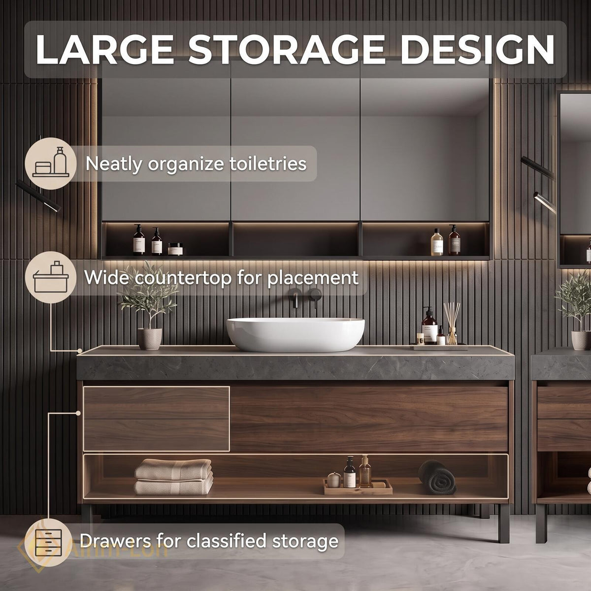 36''-110'' Double Bathroom Vanity with Sink Floating Walnut Drawers Open Shelf