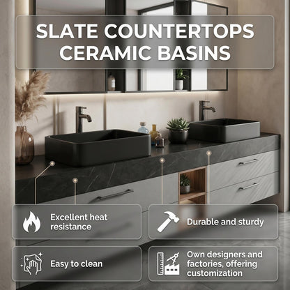 60''-96'' Modern Bathroom Vanity with Sink Floating Grey Cabinet Black Stone Countertop