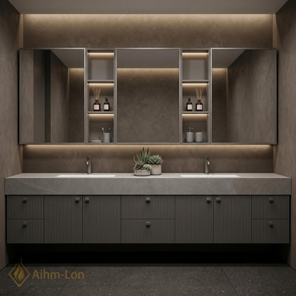 78''-96'' Bathroom Vanity with Sink Modern Floating Ribbed Matte Grey Finish Panels