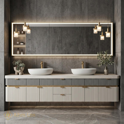 78''-96'' Modern Double Bathroom Vanity with Sink Floating Fluted Panel Two-Tone Finish