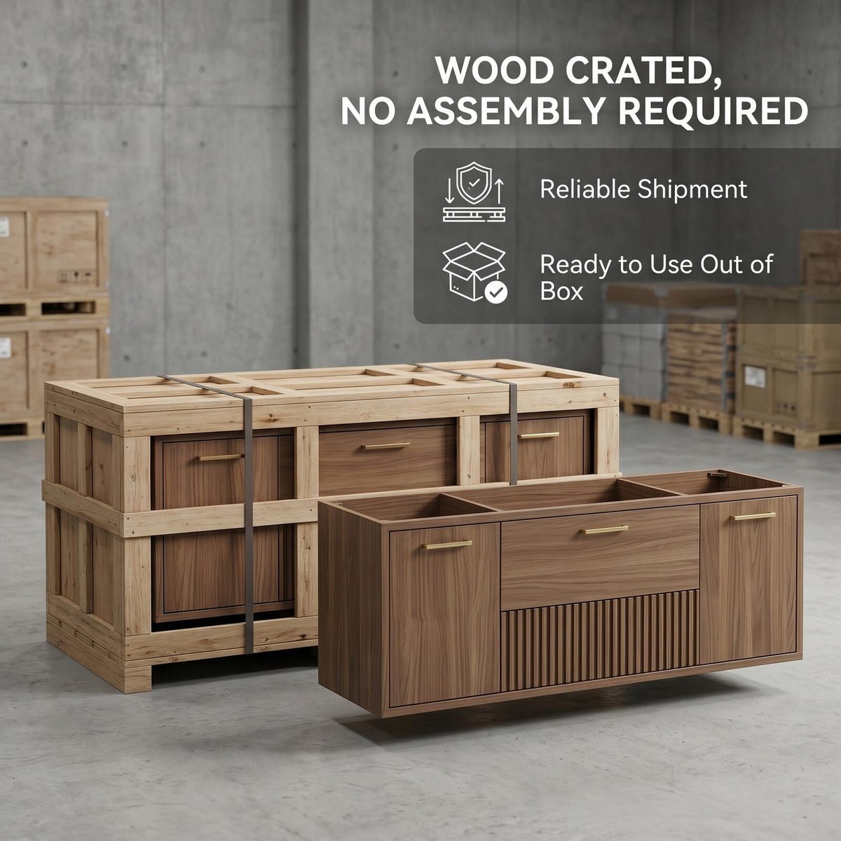 60''-96'' Double Bathroom Vanity with Sink Modern Floating Warm Wood Slatted Center Panel