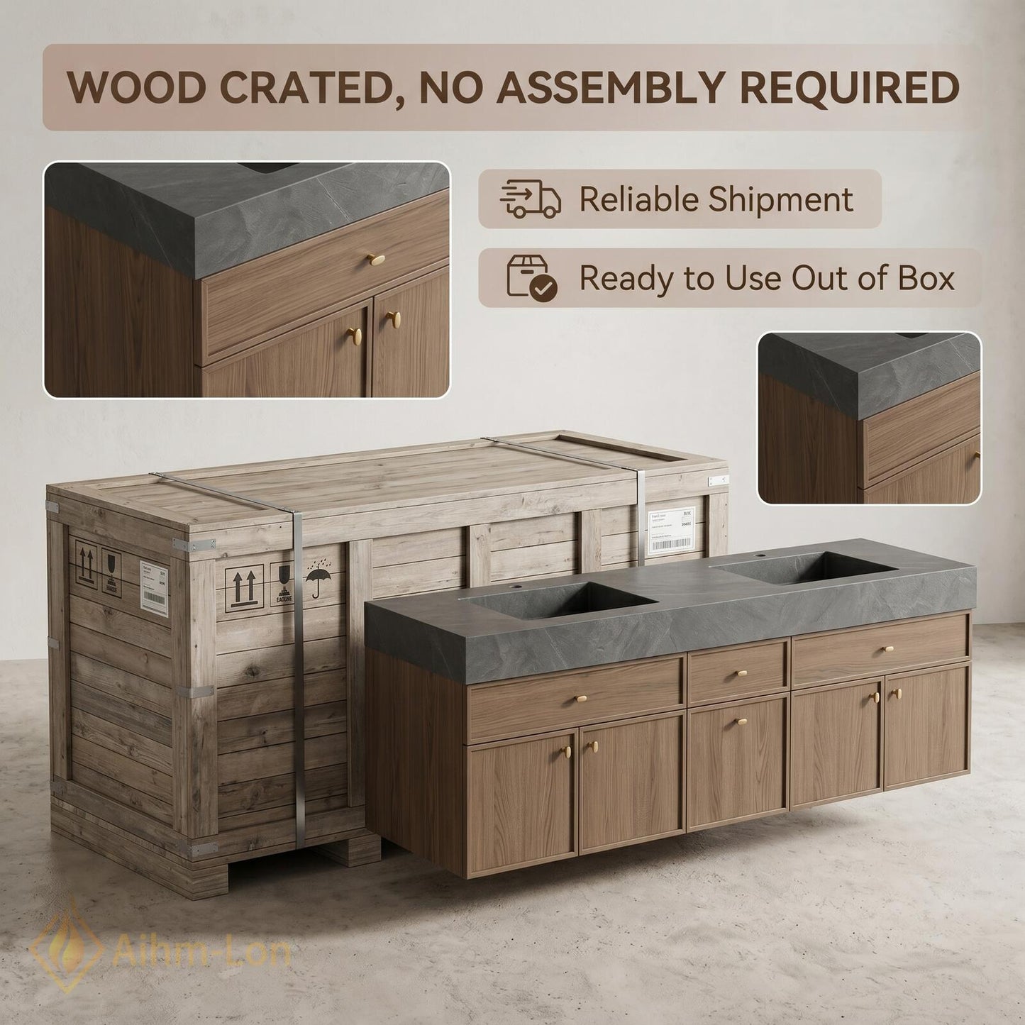 70''-96'' Double Bathroom Vanity with Sink Floating Modern Basins Dark Stone Countertop