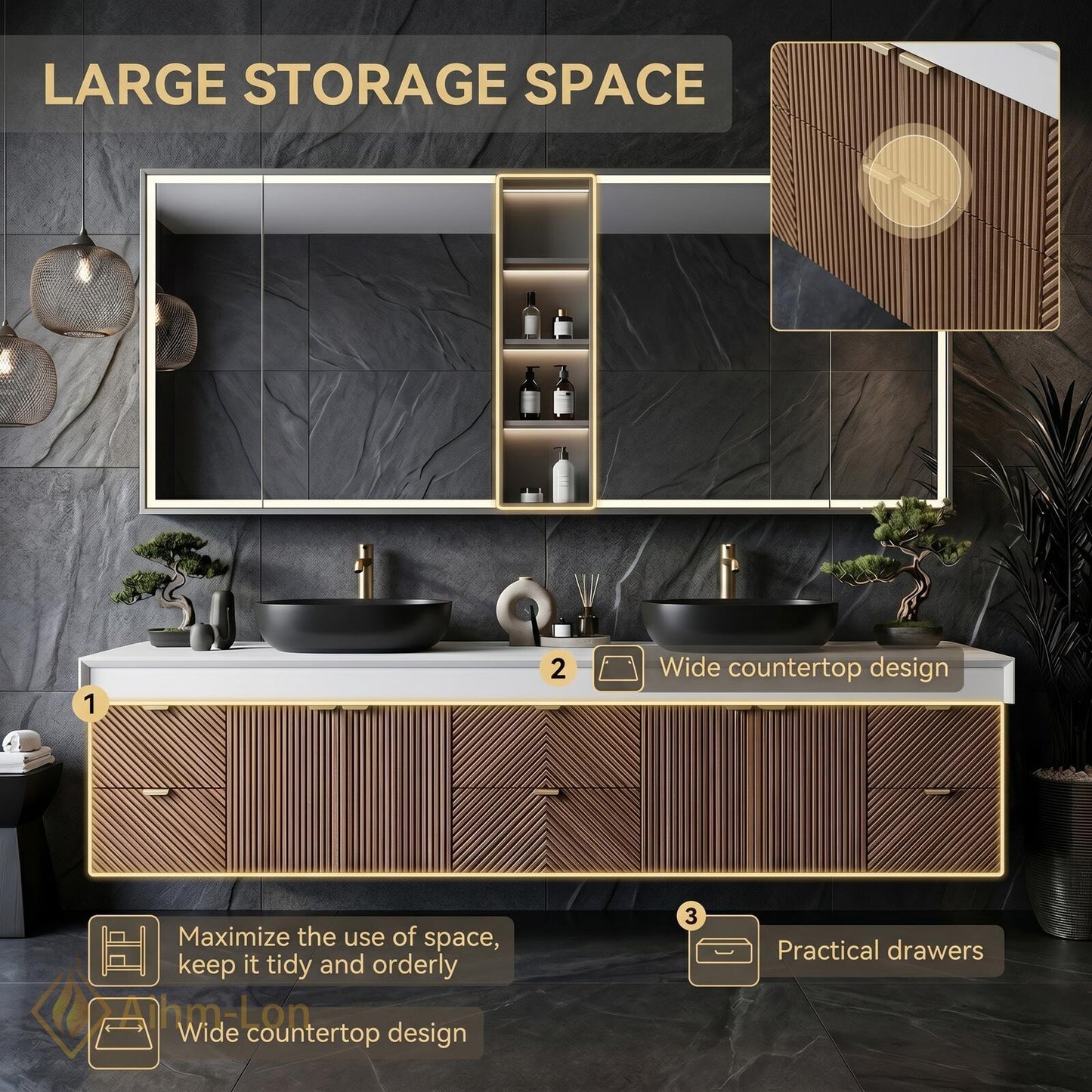 78''-96'' Modern Bathroom Vanity with Sink Floating Dark Wood Slatted Mirror Cabinet