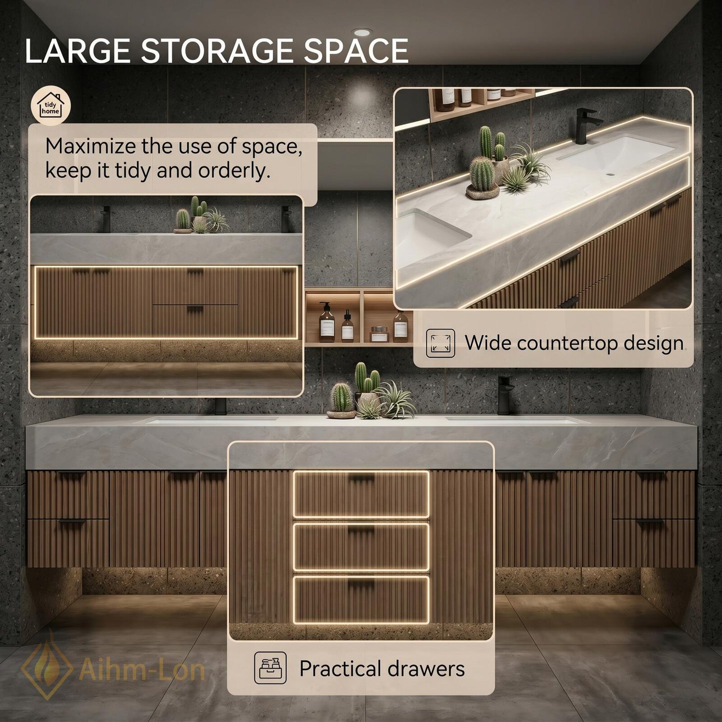 78''-96'' Modern Double Bathroom Vanity with Sink Floating Dark Wood Marble-Like Stone