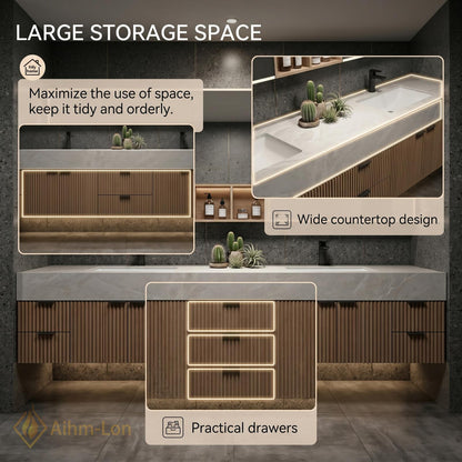 78''-96'' Modern Double Bathroom Vanity with Sink Floating Dark Wood Marble-Like Stone