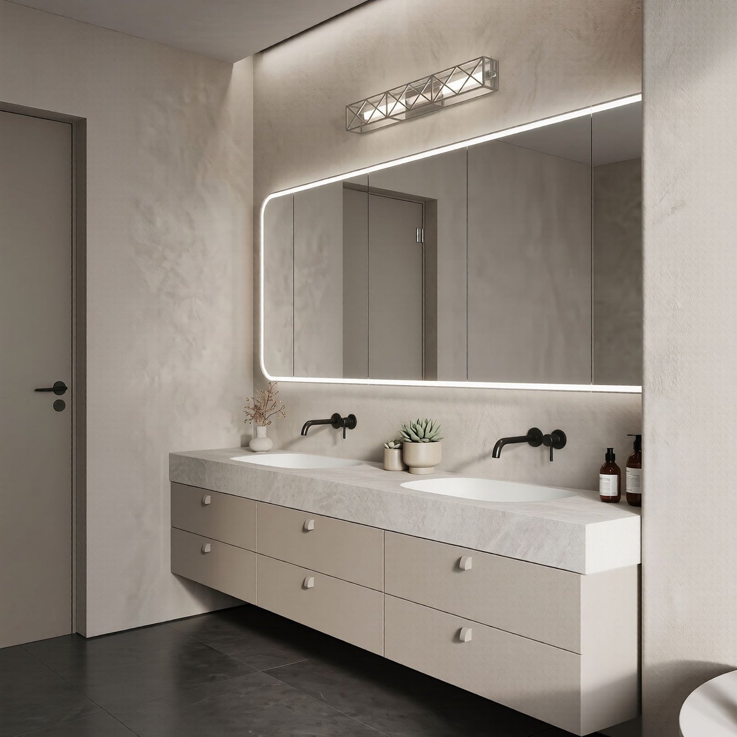 60''-96'' Double Bathroom Vanity with Sink Stone Look Marble Frameless Mirror Drawer Cabinet