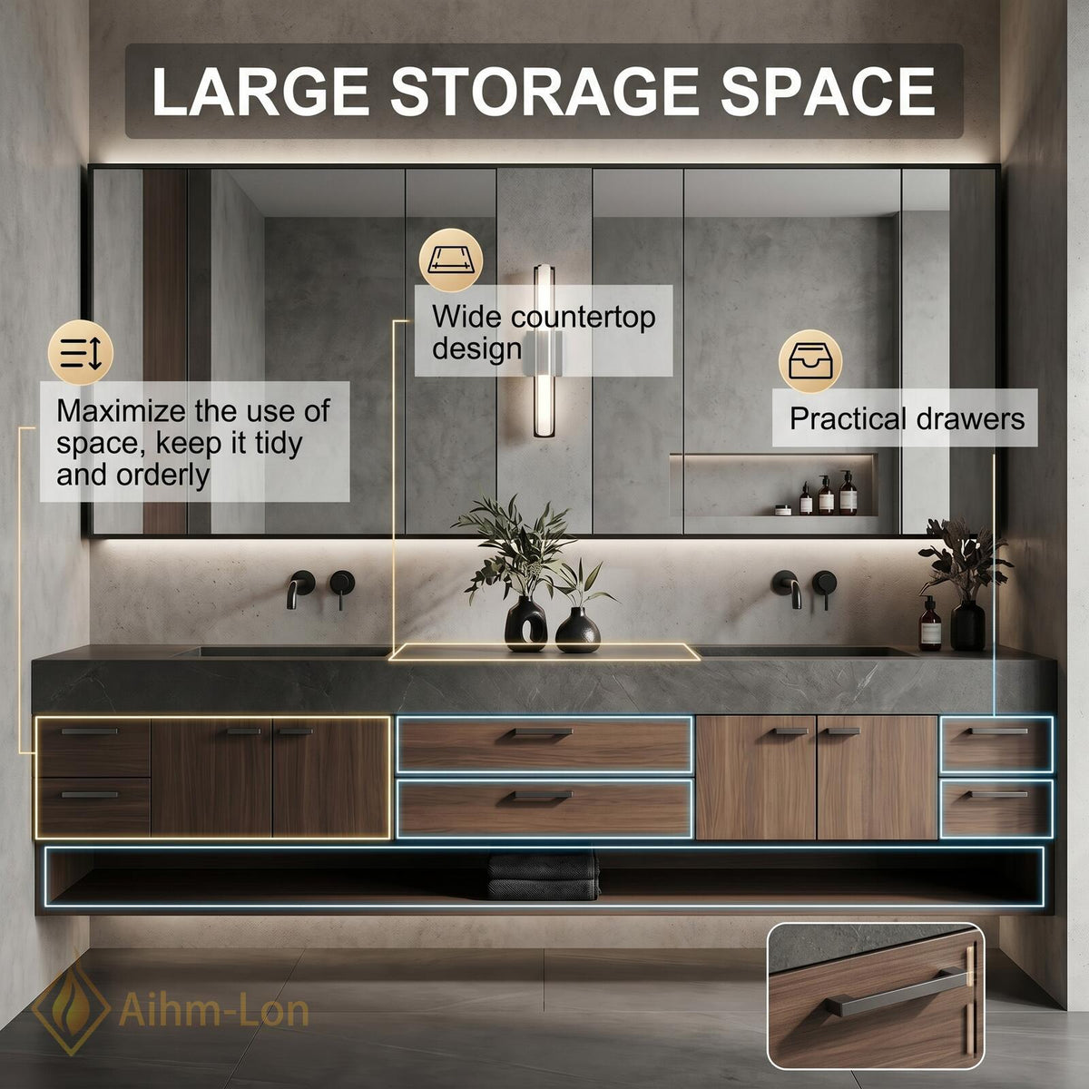 60''-96'' Double Bathroom Vanity with Sink Dark Wood Frameless Mirror Cabinet Storage
