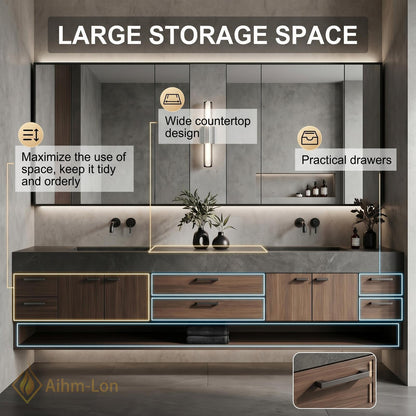 60''-96'' Double Bathroom Vanity with Sink Dark Wood Frameless Mirror Cabinet Storage