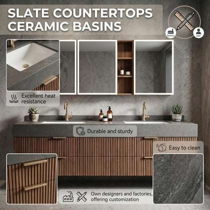 60''-96'' Floating Bathroom Vanity with Sink Double Sink Dark Grey Stone Vertical Slatted Wood