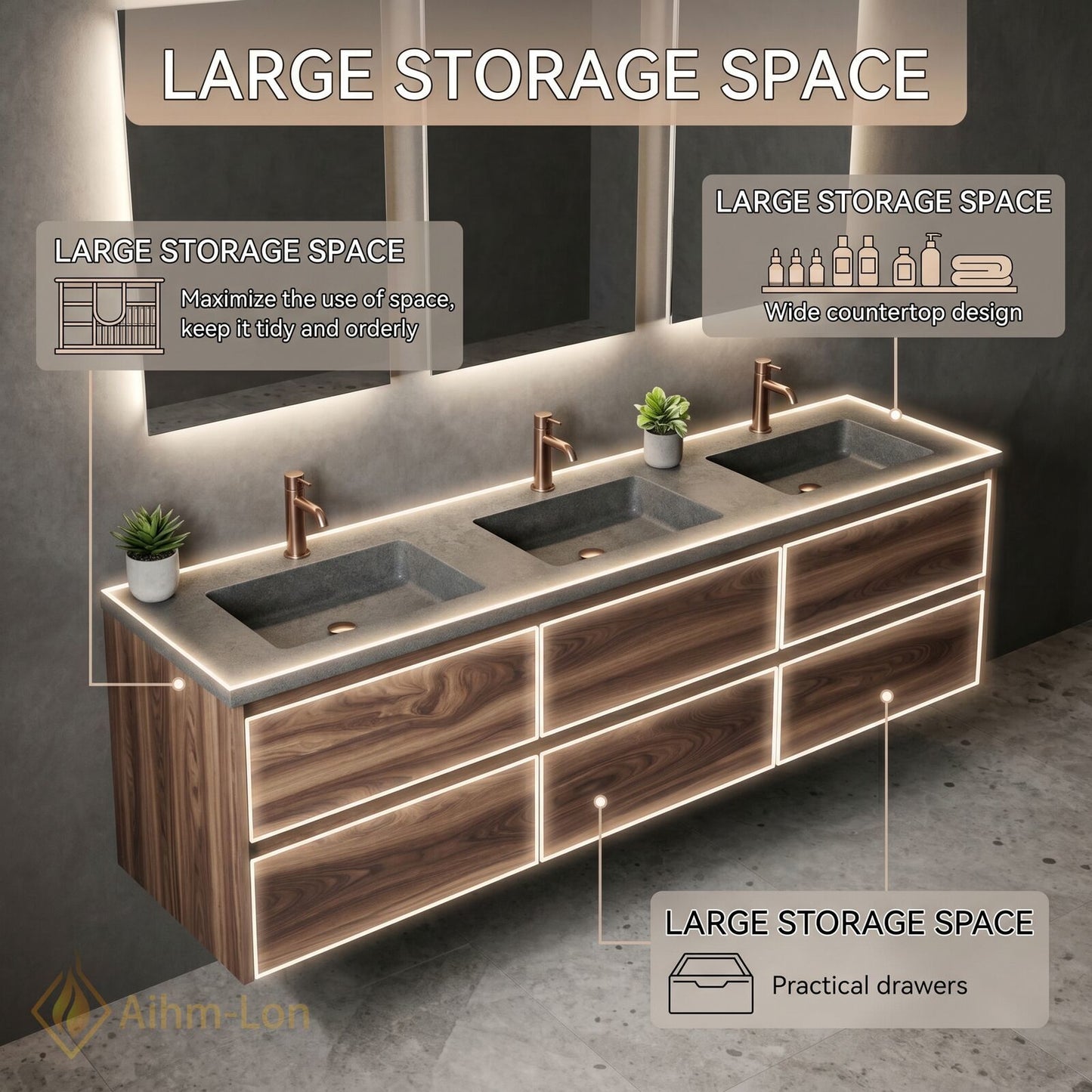 78''-96'' Modern Bathroom Vanity with Sink Floating Walnut Deep Drawers Cabinet