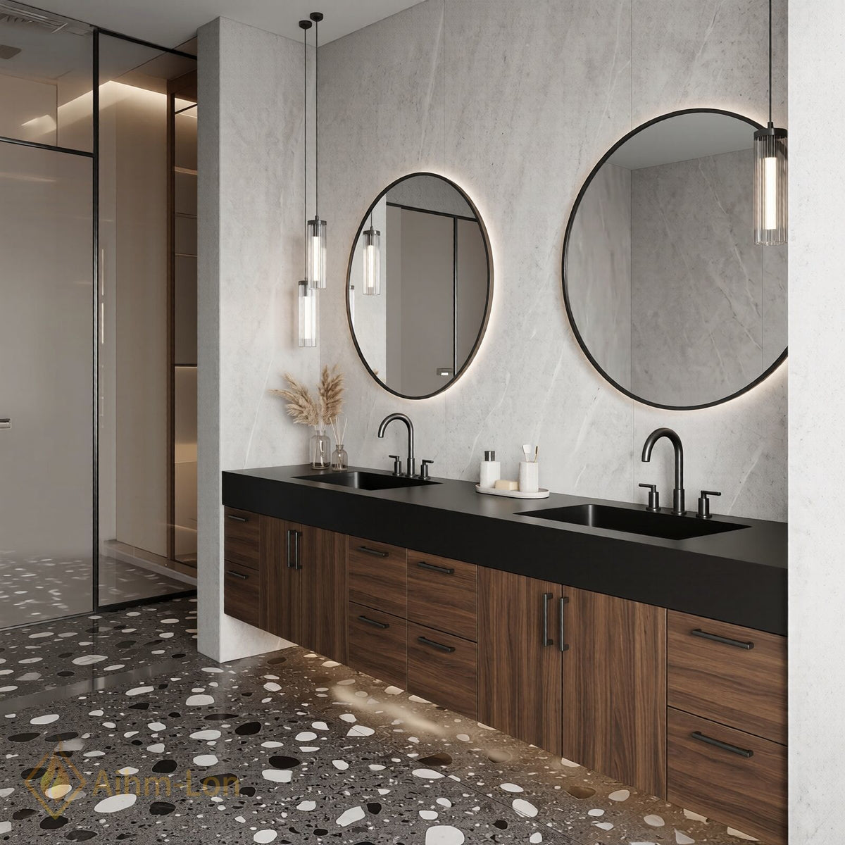 76''-96'' Double Bathroom Vanity with Sink Dark Walnut Grain Tall Drawers Storage