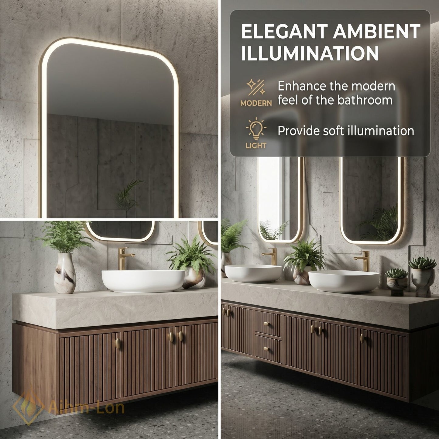 76''-96'' Double Bathroom Vanity with Sink Modern Slatted Wooden Doors Marble Top