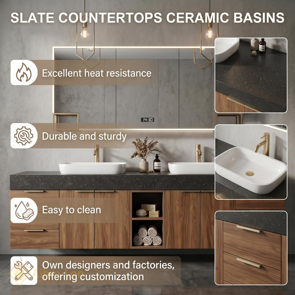 76''-96'' Double Bathroom Vanity with Sink Floating Double Walnut Finish Open Shelving