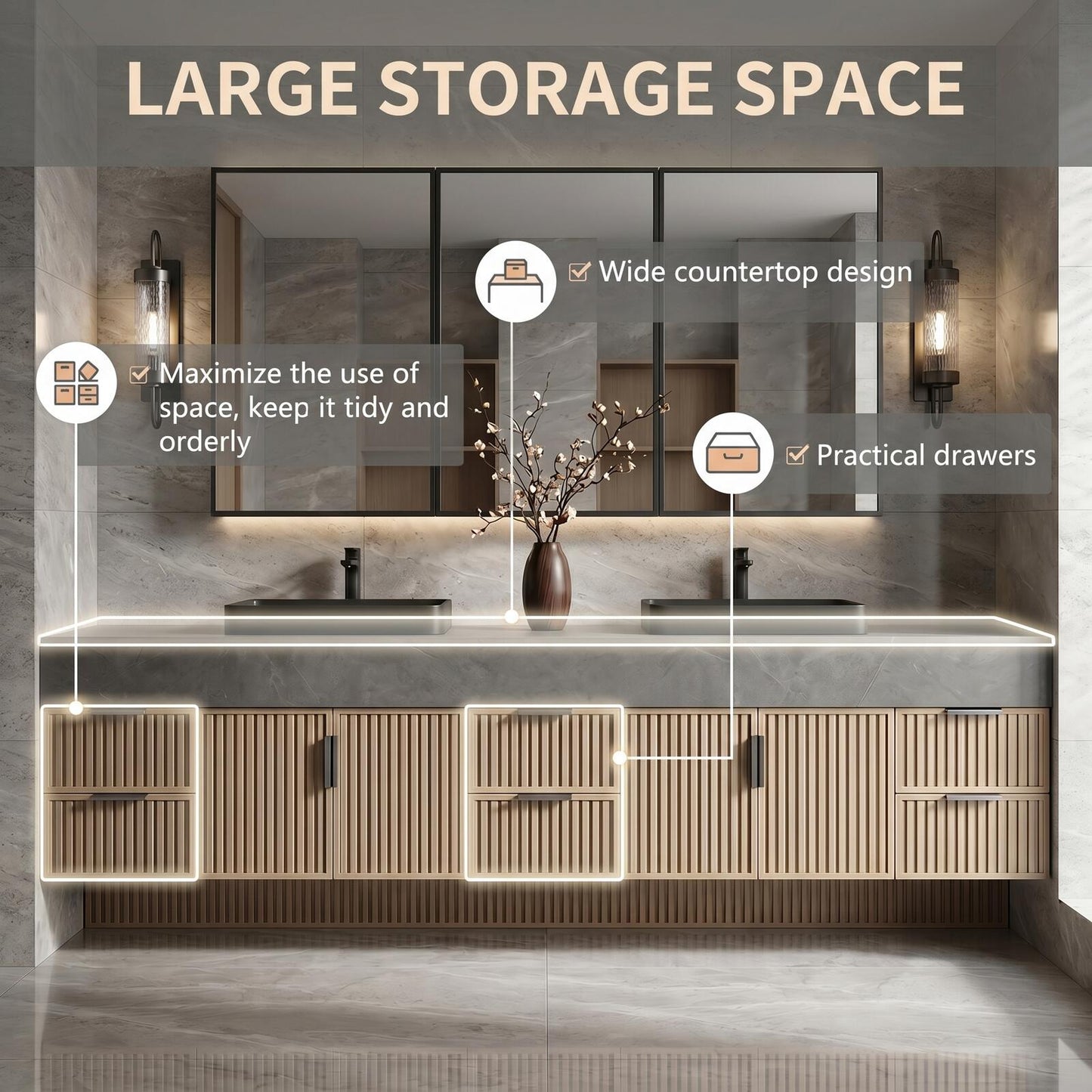 70''-96'' Modern Bathroom Vanity with Sink Double Sink Slatted Doors Gray Stone Cabinet