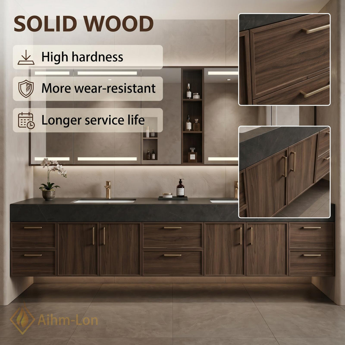 60''-96'' Double Bathroom Vanity with Sink Dark Stone Top Warm Wood-Grain Cabinetry