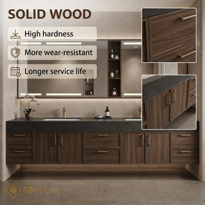 60''-96'' Double Bathroom Vanity with Sink Dark Stone Top Warm Wood-Grain Cabinetry