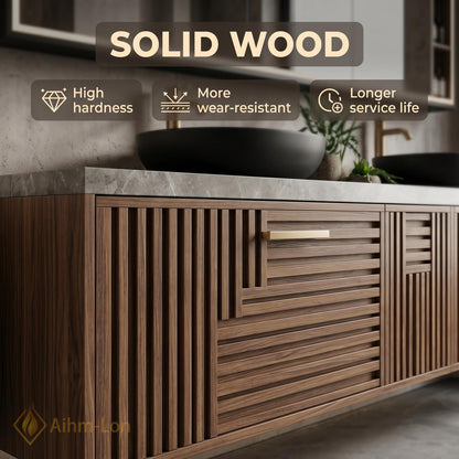 60''-96'' Double Bathroom Vanity with Sink Grey Stone Countertop Walnut Wood Drawers