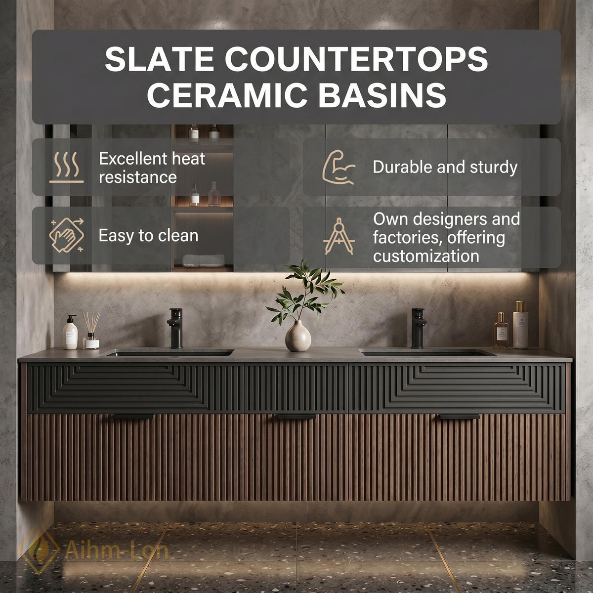 60''-96'' Double Bathroom Vanity with Sink Two Tone Floating Geometric Panels Mirror