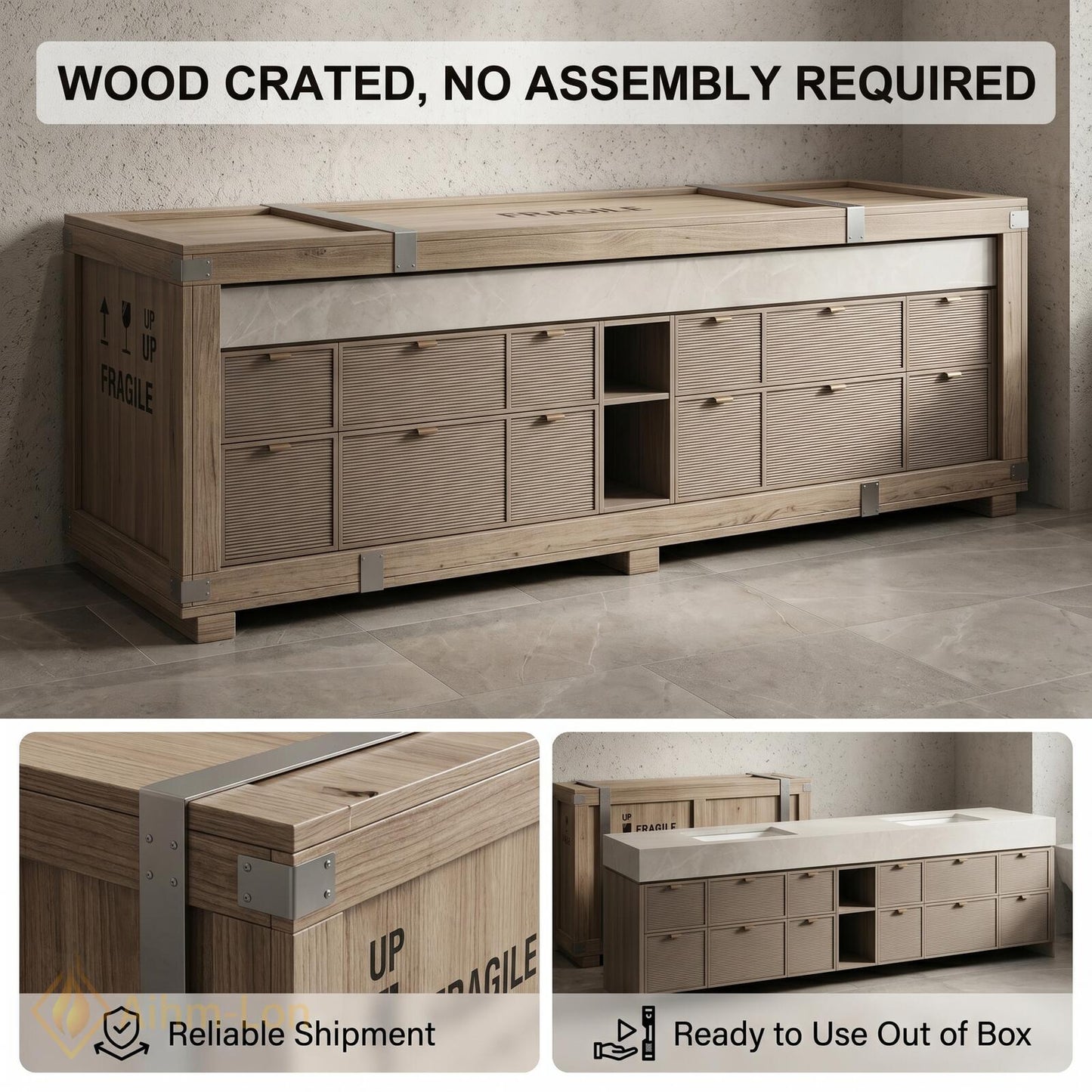 78''-96'' Double Bathroom Vanity with Sink Floating Stone Top Slatted Doors Center