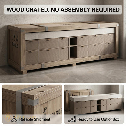 78''-96'' Double Bathroom Vanity with Sink Floating Stone Top Slatted Doors Center
