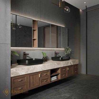 60''-96'' Double Bathroom Vanity with Sink Floating Light Marble Top Dark Wood