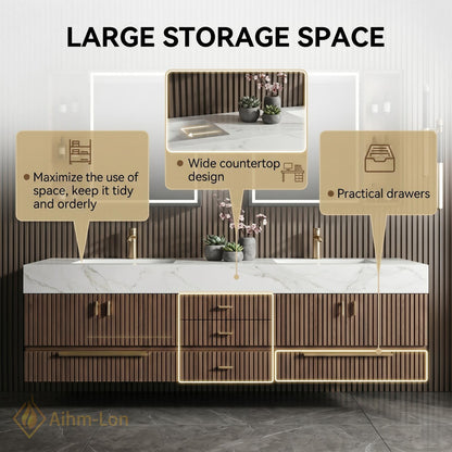 72''-96'' Double Bathroom Vanity with Sink White Modern Floating Basin Slatted Marble
