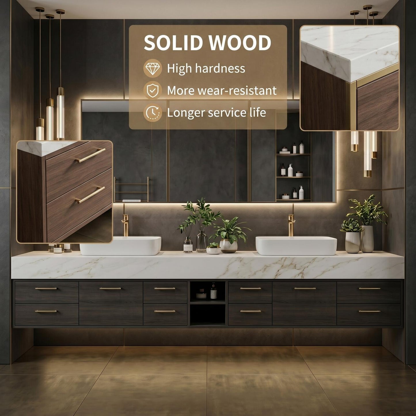 70''-96'' Modern Bathroom Vanity with Sink Double Sink Dark Walnut Slatted Center Panel Cabinet