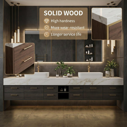 70''-96'' Modern Bathroom Vanity with Sink Double Sink Dark Walnut Slatted Center Panel Cabinet