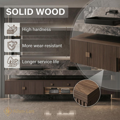 78''-96'' Bathroom Vanity with Sink Floating Vanity Dark Walnut Slatted Panels Open