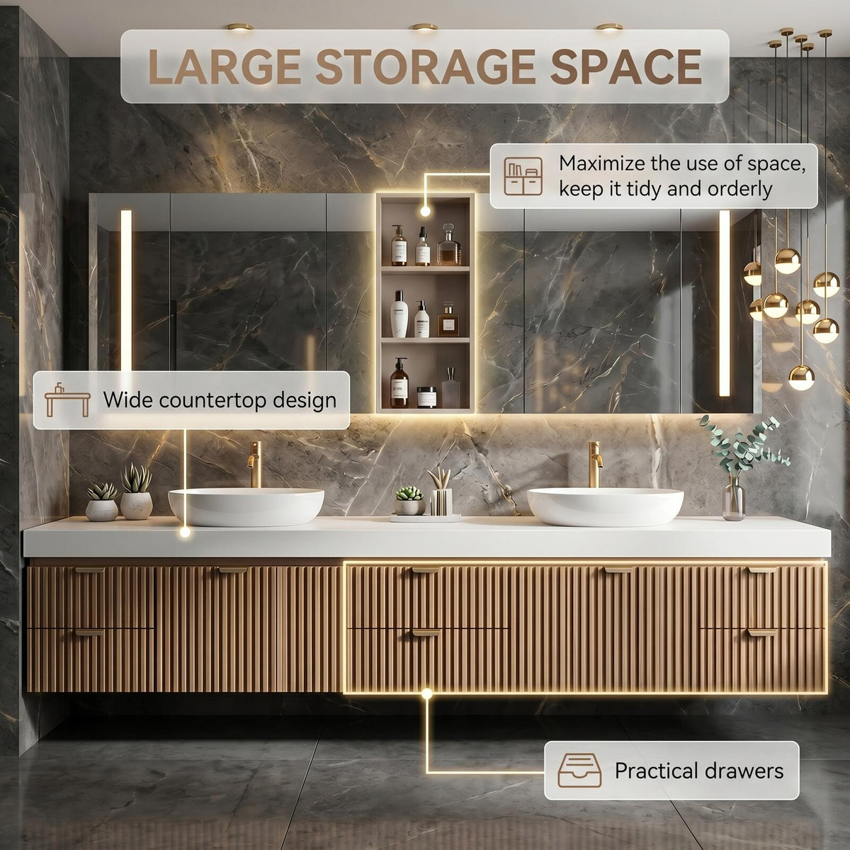 60''-96'' Double Bathroom Vanity with Sink Modern Floating Slatted Front Warm Oak Finish