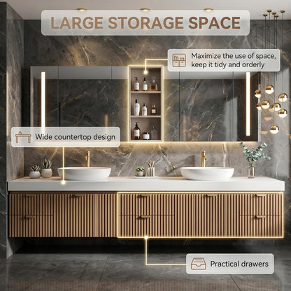 60''-96'' Double Bathroom Vanity with Sink Modern Floating Slatted Front Warm Oak Finish