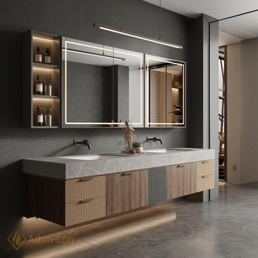 78''-96'' Double Bathroom Vanity with Sink Floating Vanity Grain Finish Slatted Center