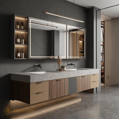 78''-96'' Double Bathroom Vanity with Sink Floating Vanity Grain Finish Slatted Center