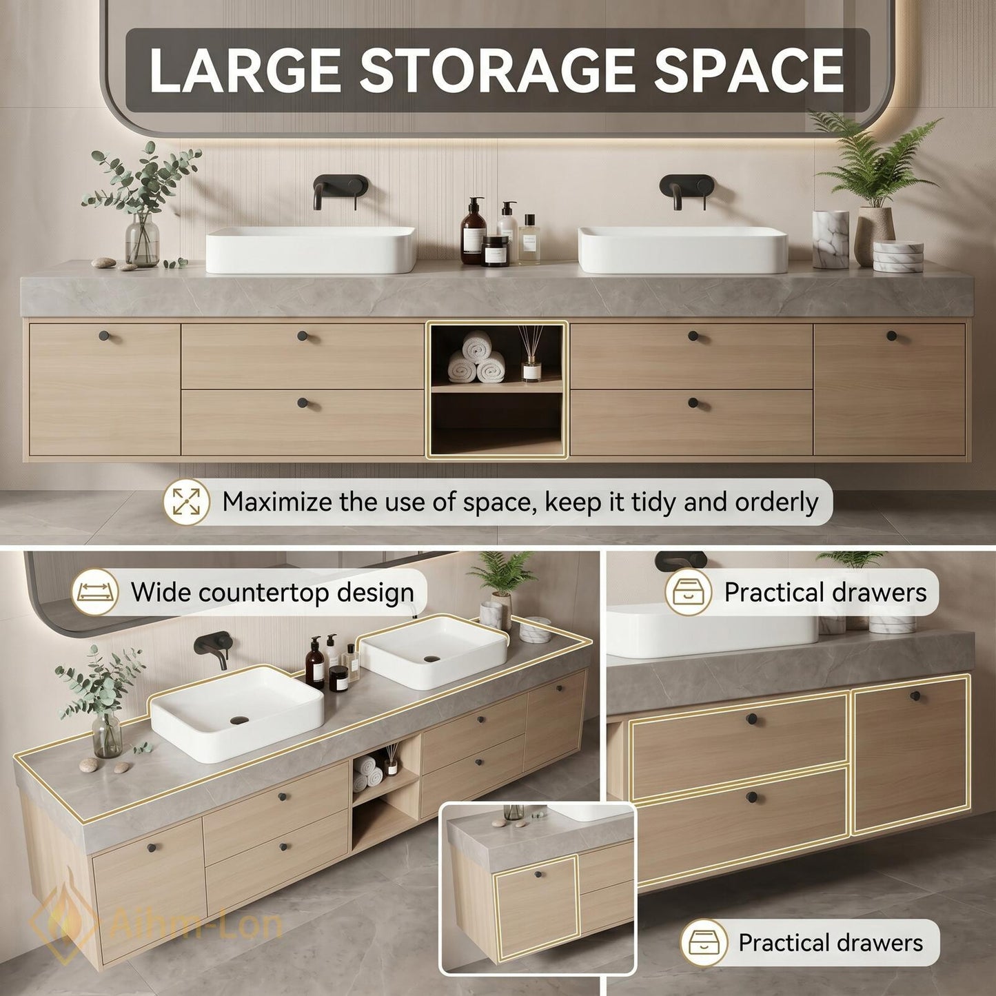 70''-96'' Double Bathroom Vanity with Sink Modern Stone-Effect Top Open Storage