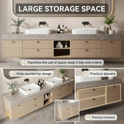 70''-96'' Double Bathroom Vanity with Sink Modern Stone-Effect Top Open Storage